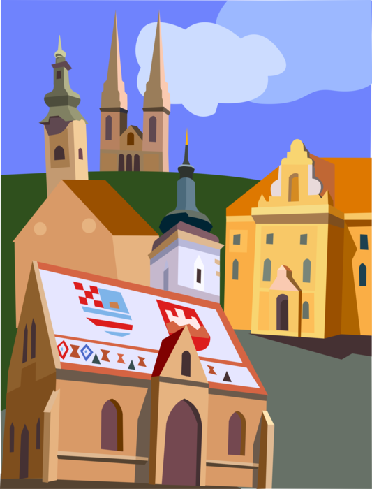 Vector Illustration of St Mark's Church with Zagreb Cathedral, Zagreb, Croatia