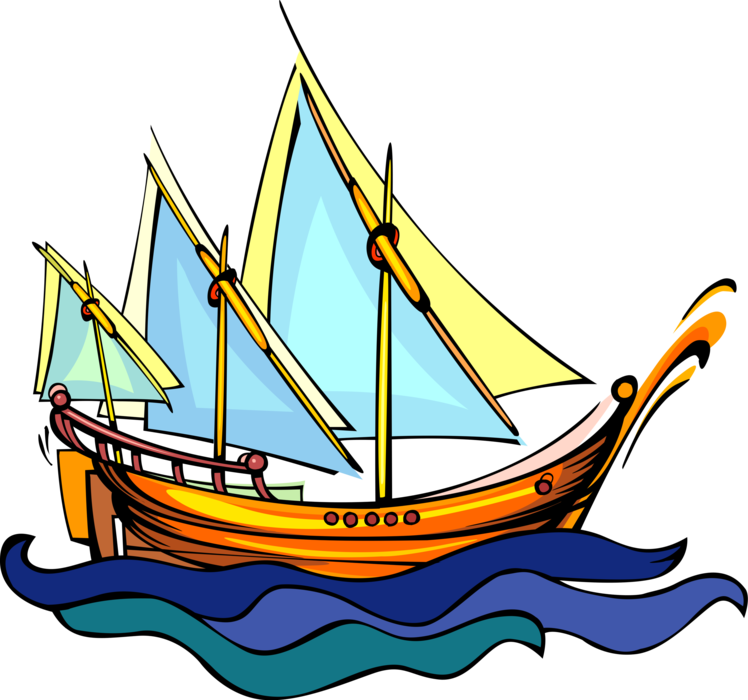 Vector Illustration of Tall Ship Traditionally-Rigged Sailboat Sailing Ship on High Seas