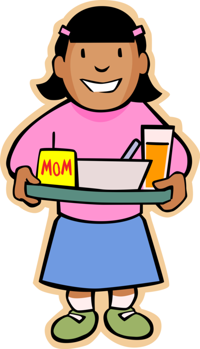 Vector Illustration of Primary or Elementary School Student Girl with Lunch Tray with Soup and Drink for Mom