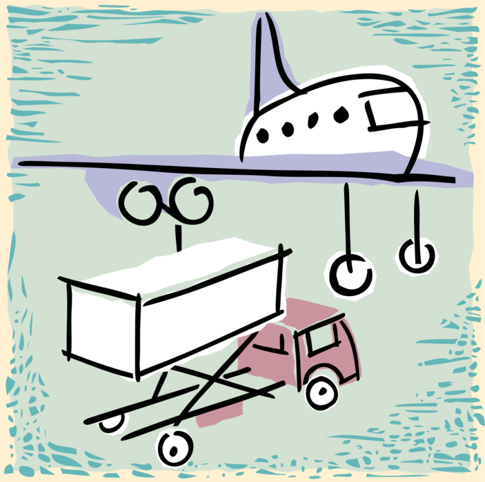 Vector Illustration of Jet Airplane Aircraft on Airport Runway with Air Cargo Container