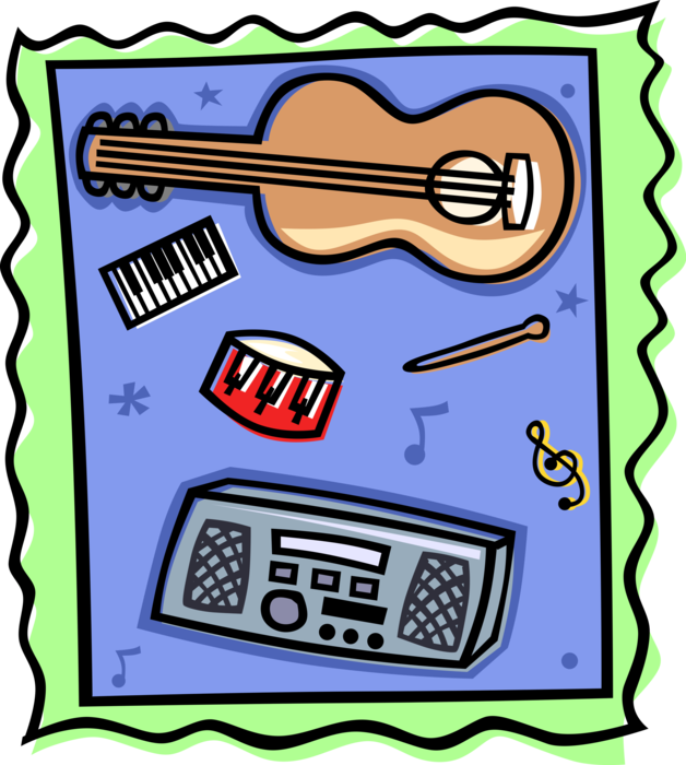 Vector Illustration of Assorted Musical Instruments Guitar, Drum, Keyboard, with Stereo System