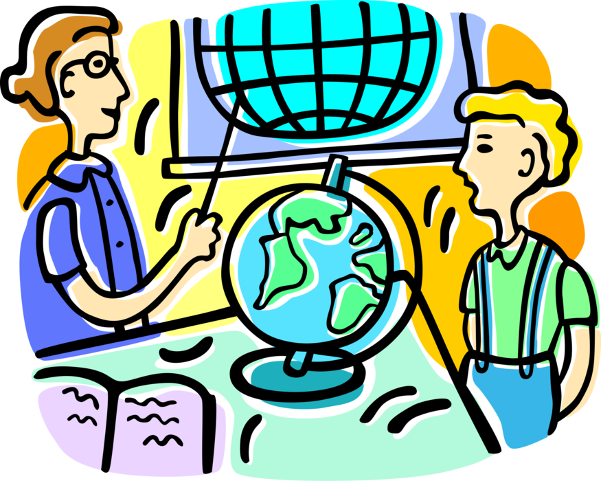 Vector Illustration of Teacher and Student School Classroom Geography Lesson with World Globe