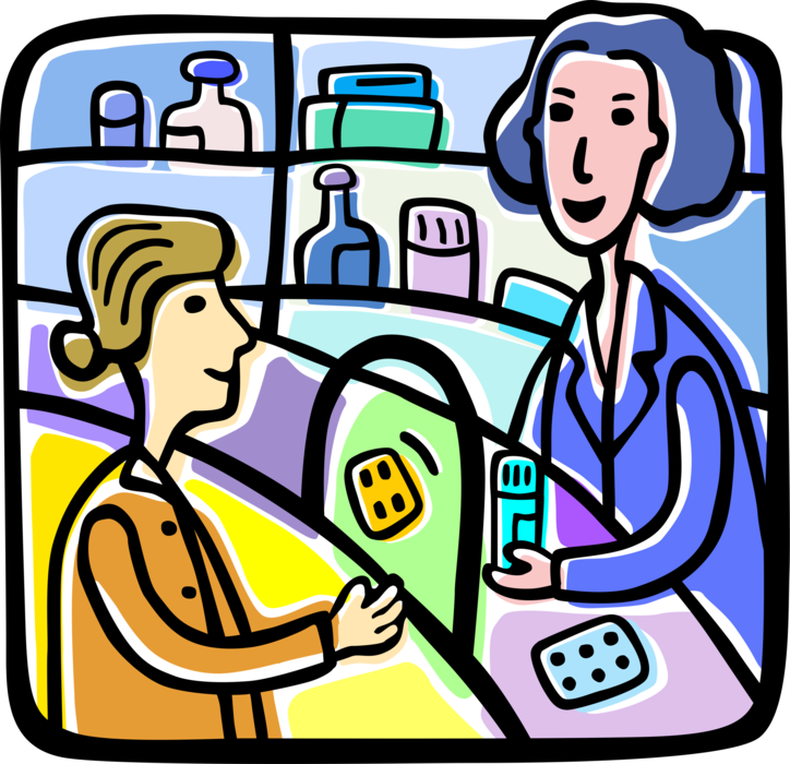 Vector Illustration of Pharmacy Drug Store Pharmacist Dispensing Prescription Medicine Pills