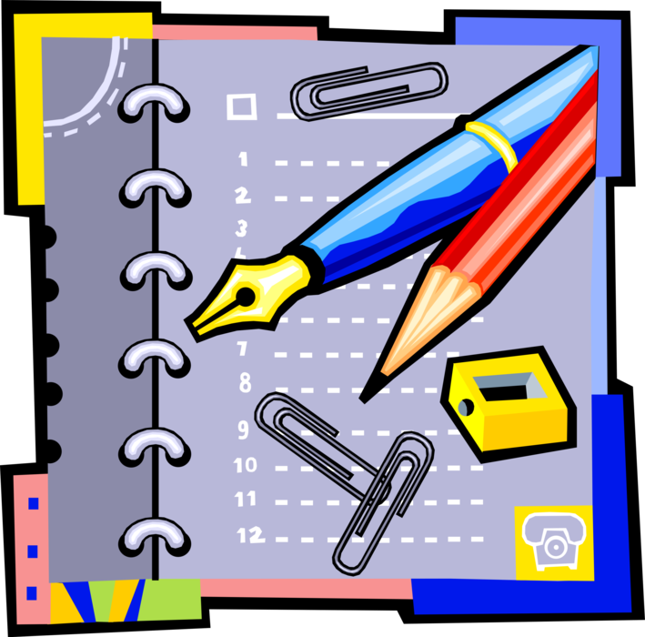 Vector Illustration of Pen and Pencil Writing Instruments with Paper Clips and Daily Task Organizer