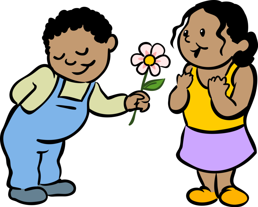 Vector Illustration of Young Love Boy Gives Girl Daisy Flower on Valentine's Day