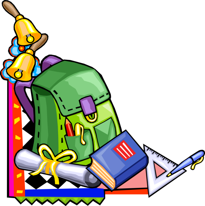 Vector Illustration of Schoolbag Knapsack with Textbook, Diploma, School Bells, Triangle Ruler and Pen