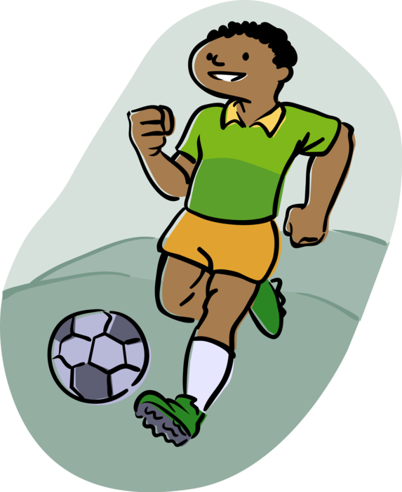 Vector Illustration of Sport of Soccer Football Player Dribbling Ball on Soccer Pitch During Game