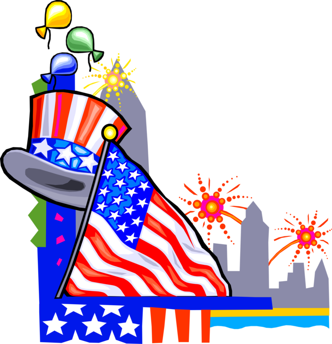 Vector Illustration of Independence Day 4th Fourth of July Fireworks with American Flag and Uncle Sam Hat