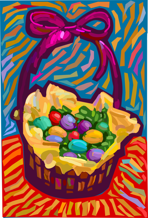 Vector Illustration of Decorated Colored Easter or Paschal Eggs in Easter Basket