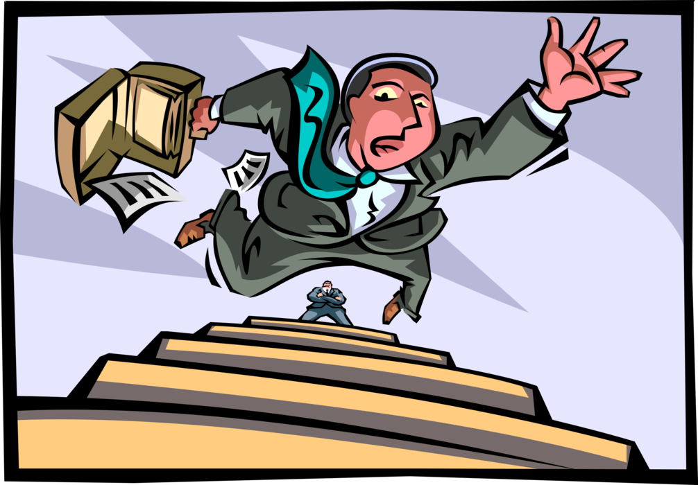 Vector Illustration of Fired Businessman Dismissed From Job Falling Down Stairs as Boss Stands Defiantly