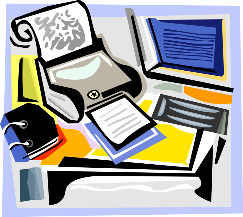 Vector Illustration of Office Printer Prints Documents with Desktop Computer