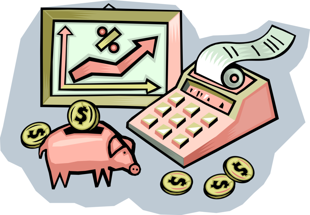 Vector Illustration of Financial Growth and Investment with Piggy Bank and Adding Machine Calculator