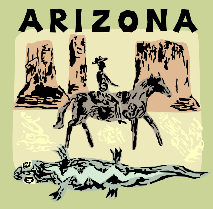 Vector Illustration of Arizona State with Cowboy on Horseback and Reptile Lizard