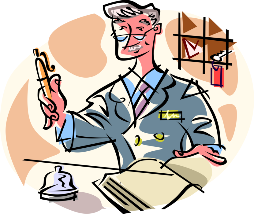 Vector Illustration of Hospitality Industry Hotel Desk Clerk with Guest Register Offers Pen to Registering Guest
