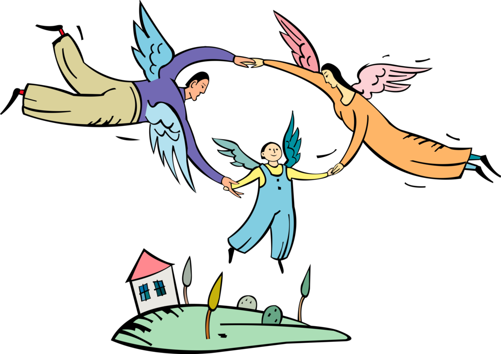 Vector Illustration of Winged Family of Spiritual Angels with Flying Mother, Father and Child