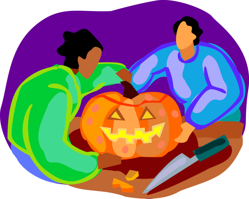 Vector Illustration of Children Carve Halloween Jack-o'-Lantern Carved Pumpkin