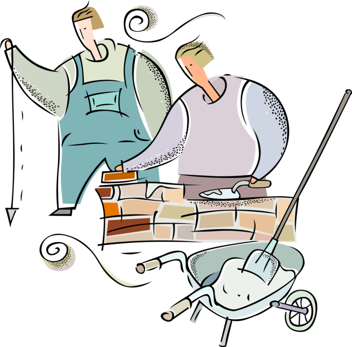 Vector Illustration of Mason Bricklayers Construct Brick Wall with Masonry Bricks and Cement