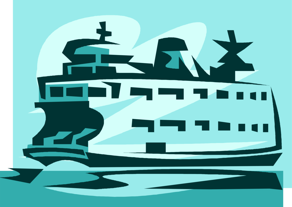 Vector Illustration of Ferry or Ferryboat Watercraft Vessel Transports Passenger Automobile Motor Vehicle Cars
