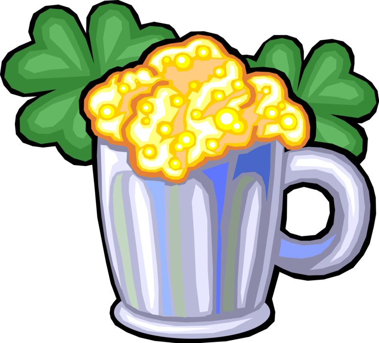 Vector Illustration of Mug of Beer Fermented Malt Barley Alcohol Beverage with Four-Leaf Clover Shamrock