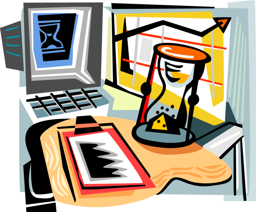 Vector Illustration of Hourglass or Sandglass, Sand Timer, Measures Passage of Time Sitting on an Office Desk