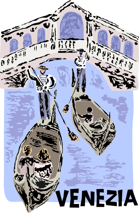 Vector Illustration of Venetian Gondoliers in Gondolas Passing Under Rialto Bridge in Venice, Italy