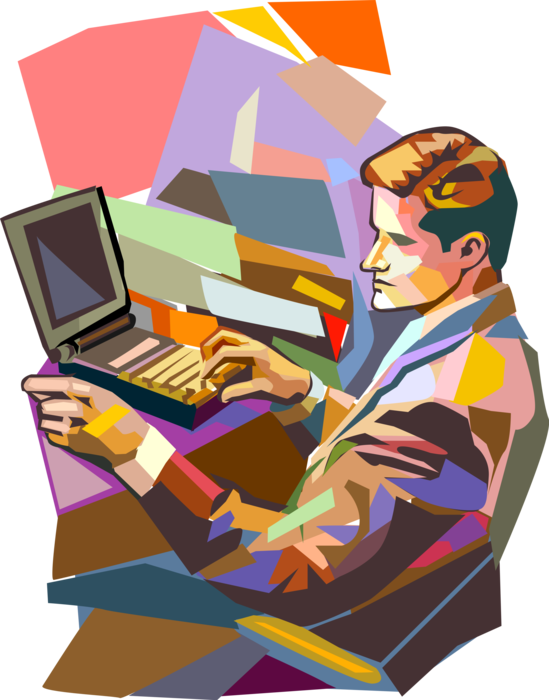 Vector Illustration of Businessman Working on Notebook Computer in Office