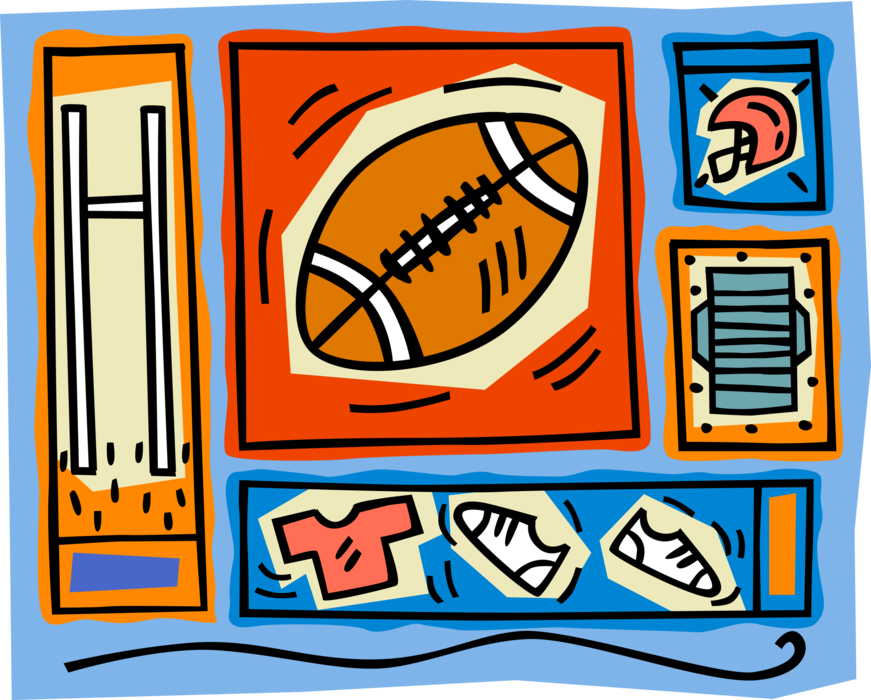 Vector Illustration of Football with Helmet, Field, Goal Post, and Cleats