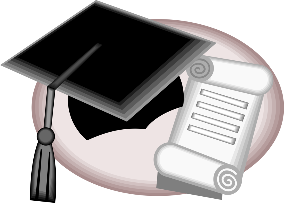 Vector Illustration of Diploma Scroll Containing Writing and Graduate's Mortarboard Cap