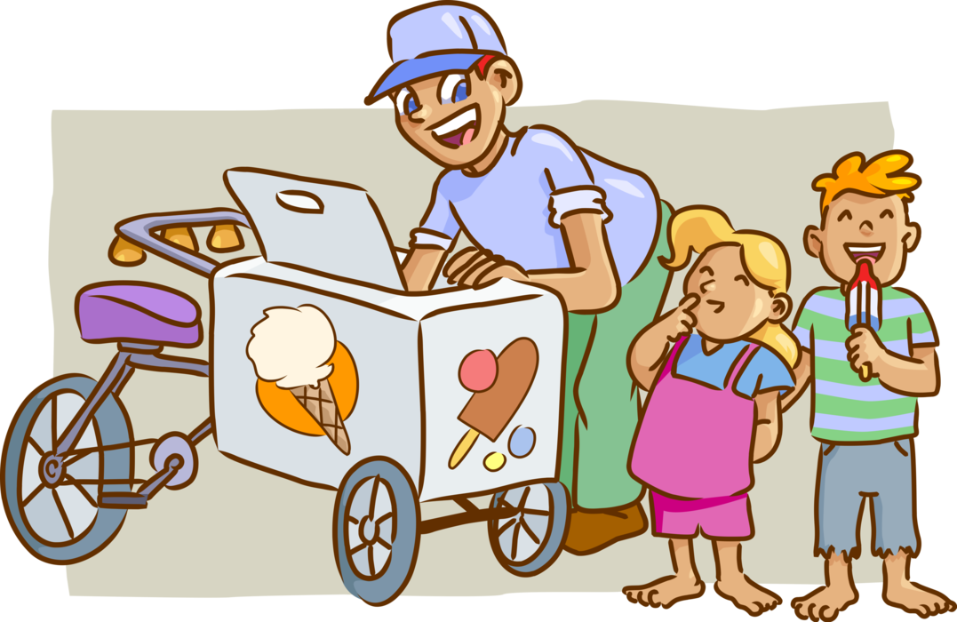 Vector Illustration of Gelato Ice Cream Bicycle Vendor Sells Popsicles to Kids