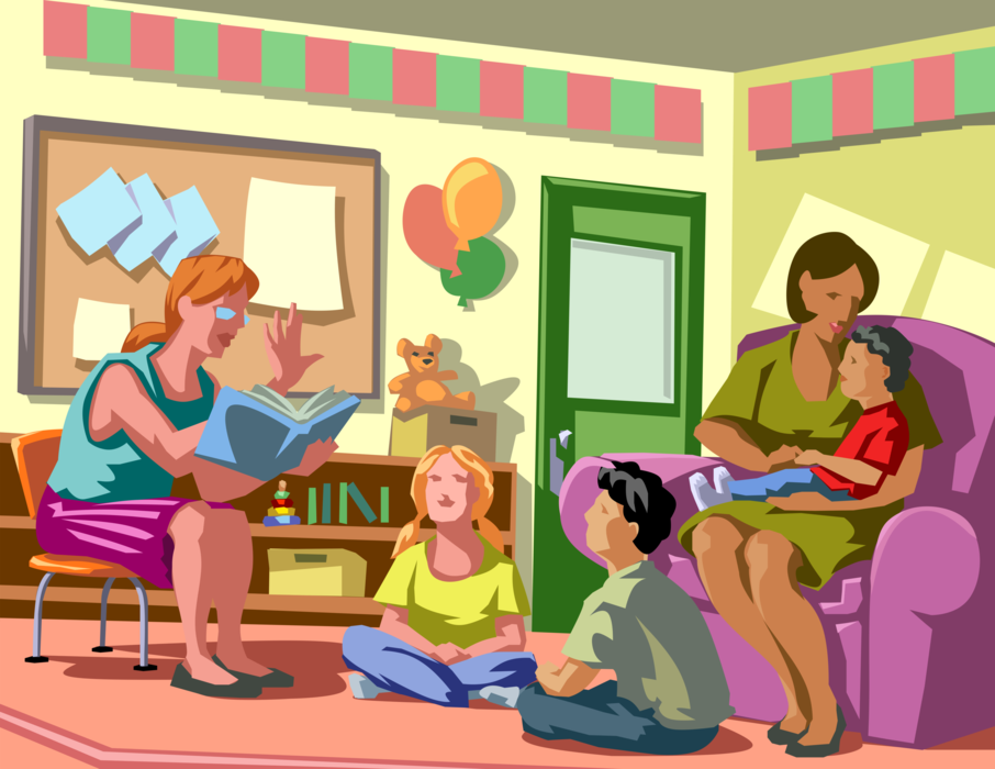 Vector Illustration of Child Care or Childcare Workers Provide Care and Supervision to Children