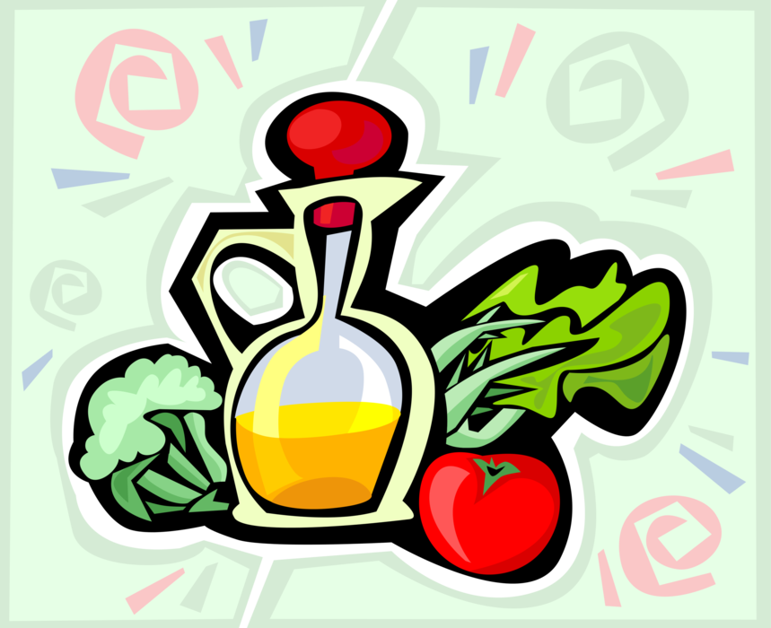 Vector Illustration of Salad Dressing Olive Oil Container with Lettuce and Tomato