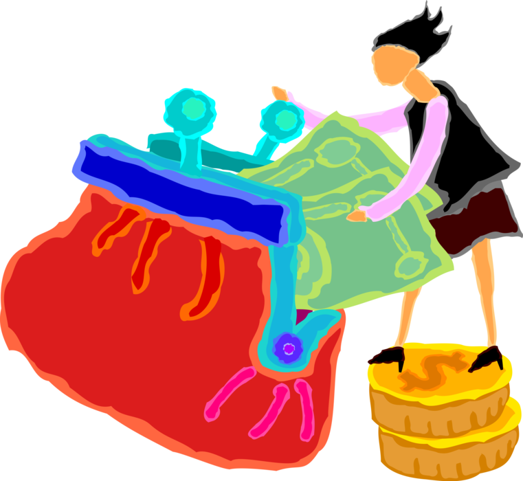 Vector Illustration of Woman Putting Money in Coin Purse or Pouch for Carrying Coins and Cash Dollars