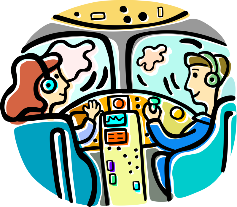 Vector Illustration of Commercial Aircraft Airline Pilots in Cockpit Flying Jet Airplane
