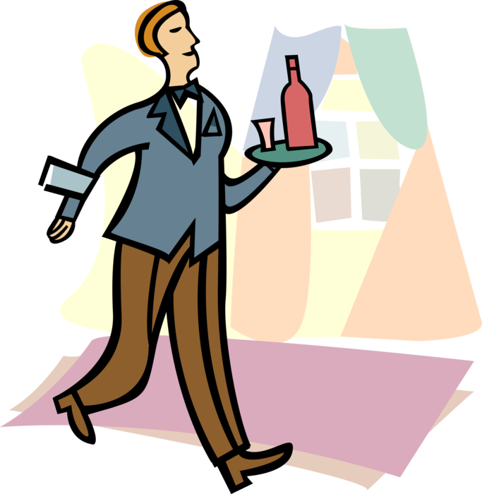 Vector Illustration of Restaurant Maître d'hôtel Waiter Serves Alcohol Beverage Wine with Glass