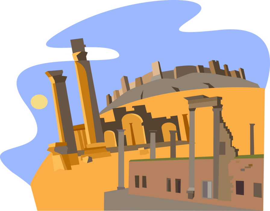Vector Illustration of Roman Ruins in Ancient City of Bosra, Syria