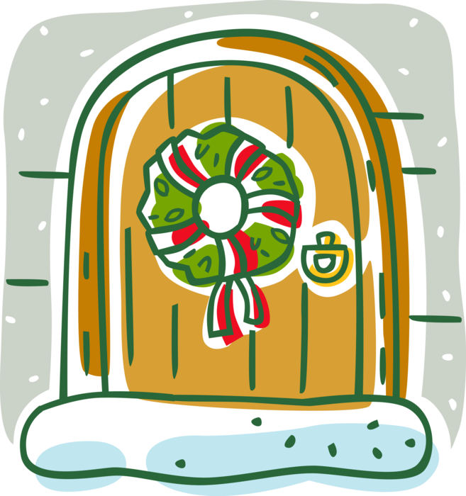 Vector Illustration of Festive Season Christmas Wreath Hangs on Door of House