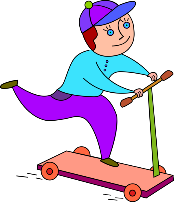 Vector Illustration of Boy Rides Foot-Propelled Scooter Push Cart