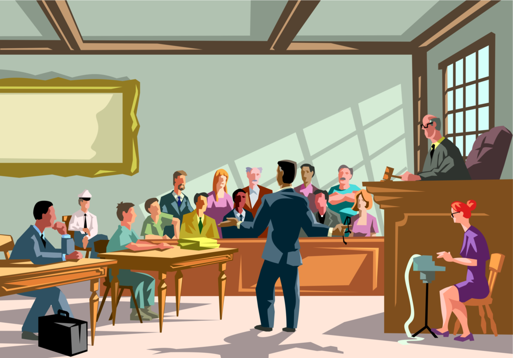 Vector Illustration of Courtroom Trial with Judge, Jury with Criminal and Defense Lawyers Trying Legal Case