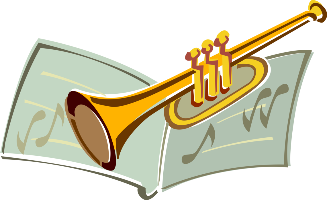 Vector Illustration of Trumpet Horn Brass Musical Instrument used in Classical and Jazz Ensembles with Music Sheet