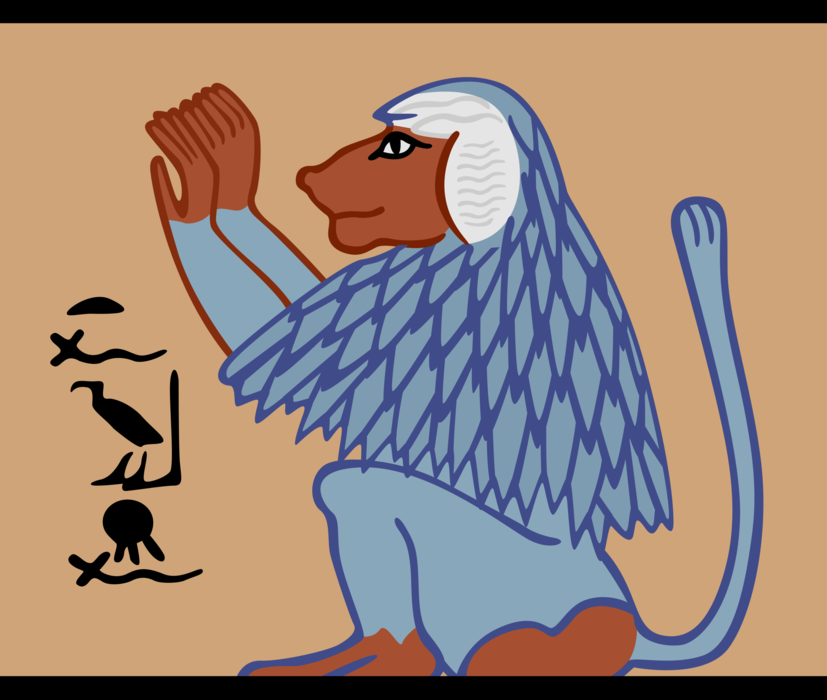 Vector Illustration of Ancient Egyptian Baboon Primate Monkey with Hieroglyphics