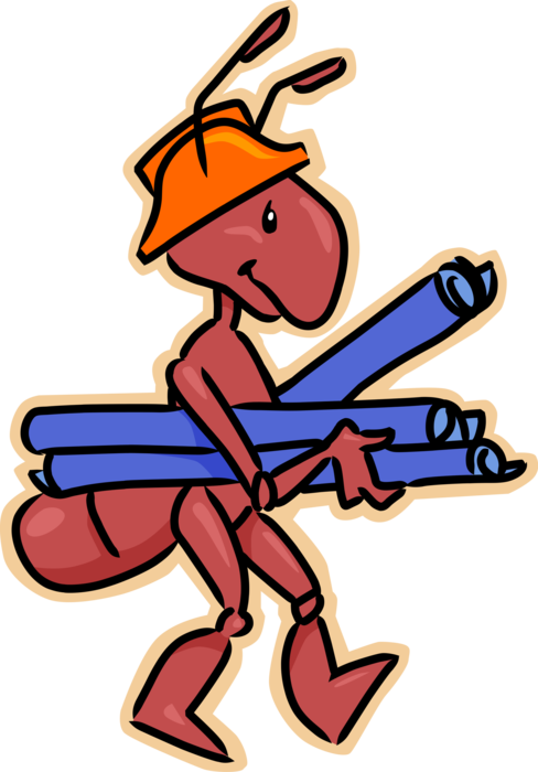 Vector Illustration of Construction Worker Ant Insect with Blueprint Technical Drawings