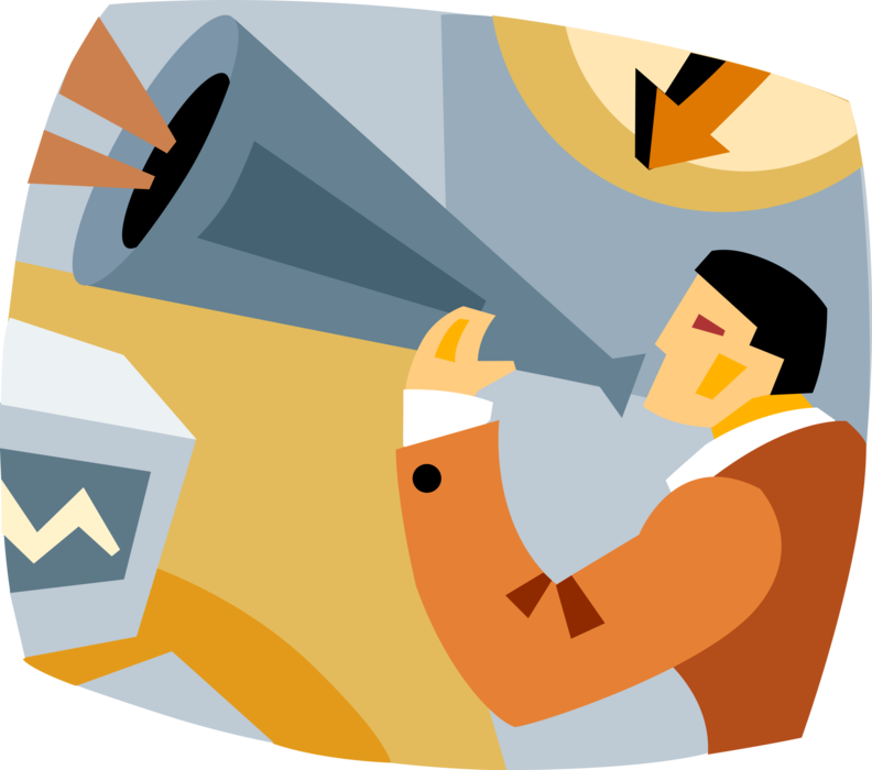 Vector Illustration of Man Shouts Announcement Through Megaphone or Bullhorn to Amplify Voice