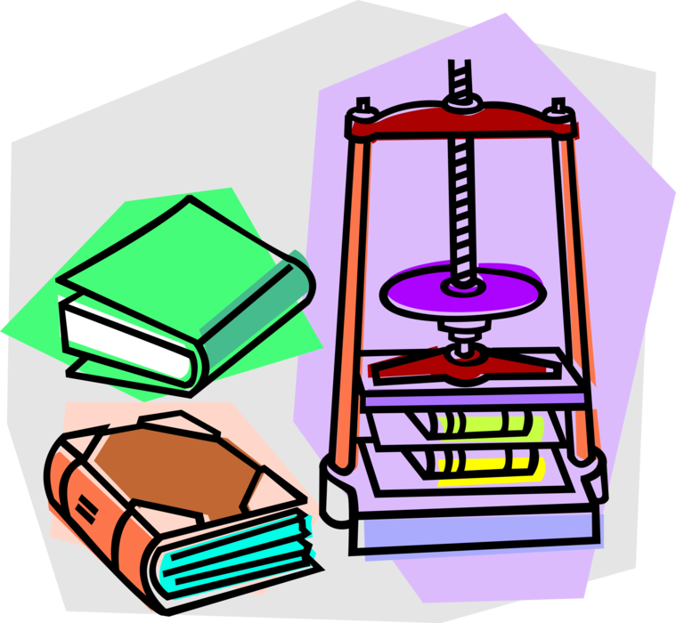 Vector Illustration of Book Binding Manual Press with Bound Books