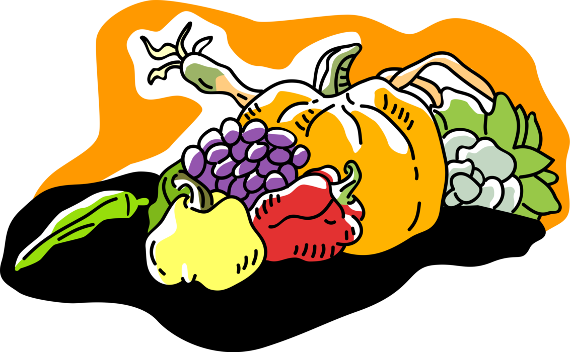 Vector Illustration of Fall Harvest Fruits and Vegetables with Pumpkin Squash, Peppers and Grapes