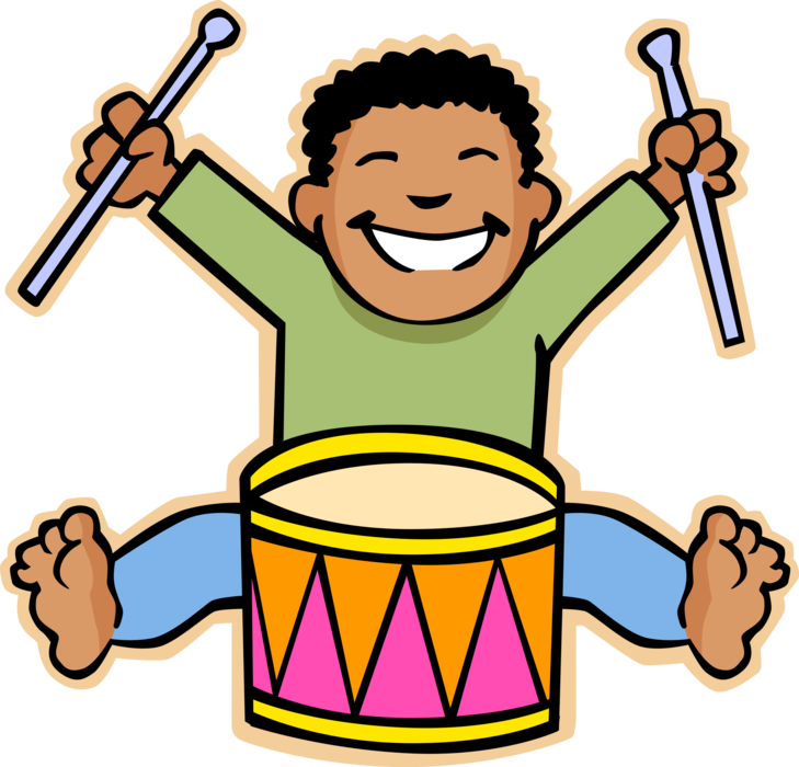 Vector Illustration of Primary or Elementary School Student Boy Thrilled to be Playing Drum