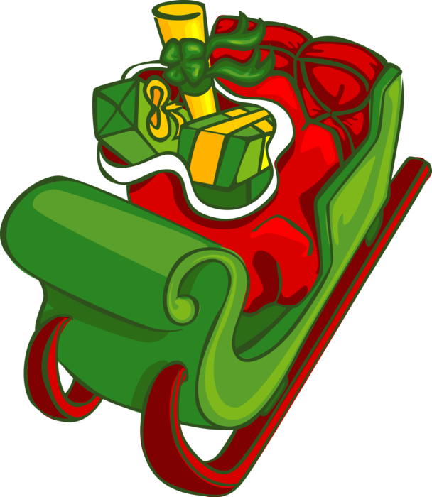 Vector Illustration of Santa's Sleigh with Christmas Gift Wrapped Presents in Sack