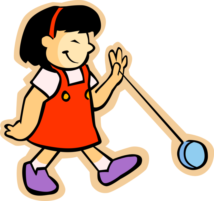 Vector Illustration of Primary or Elementary School Student Girl Plays with Yo-Yo