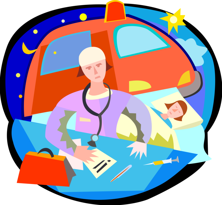 Vector Illustration of Paramedic Service Emergency Ambulance Vehicle with Hospital Patient