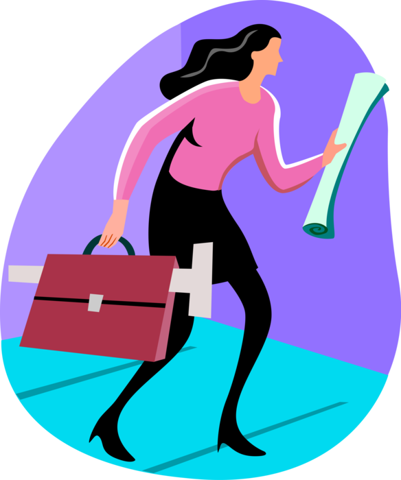 Vector Illustration of Businesswoman Draftsperson with Blueprint Plans and Portfolio Briefcase