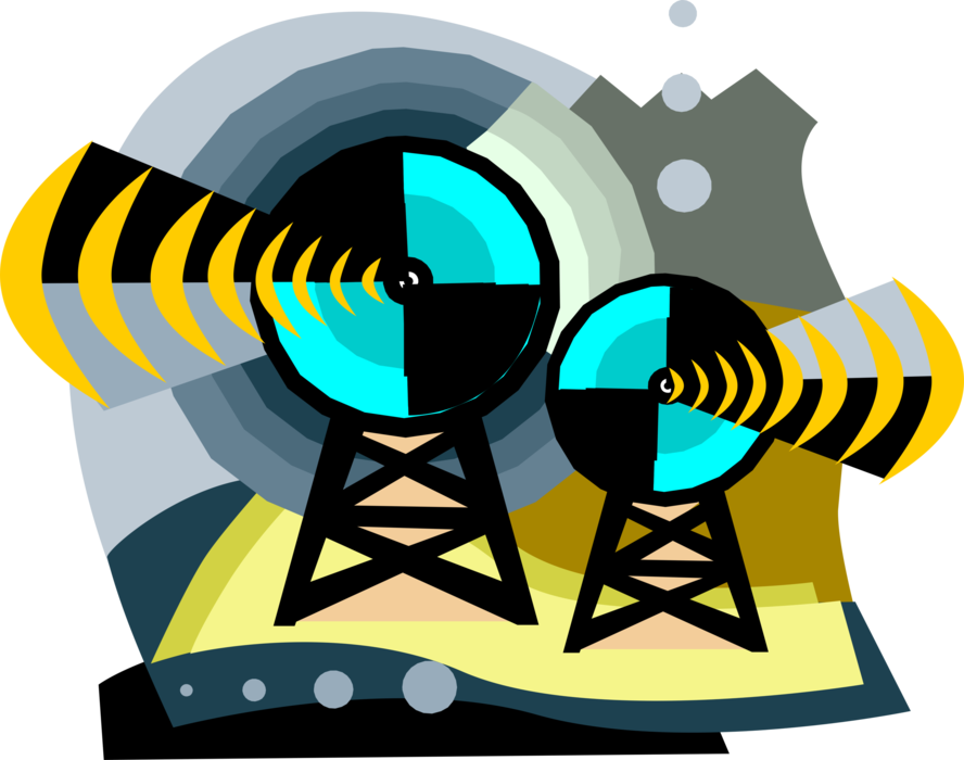 Vector Illustration of Microwave and Satellite Dish Parabolic Antenna Receive Electromagnetic Signals